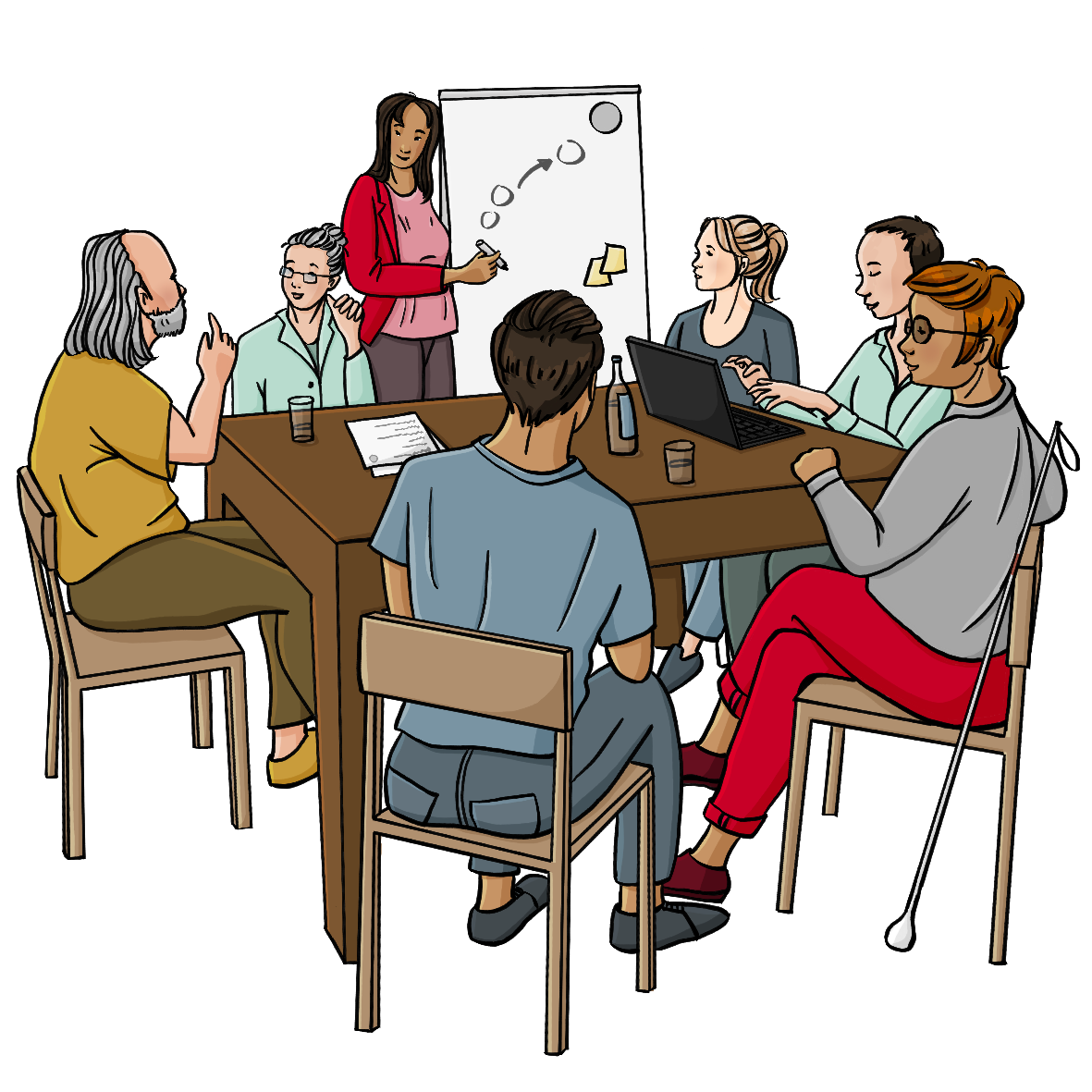 Mehrere Männer und Frauen sitzen um einen Tisch herum. Auf dem Tisch sind Zettel und Getränke. Ein Mann schreibt an einem Laptop. Eine Frau schreibt auf eine Flipchart.