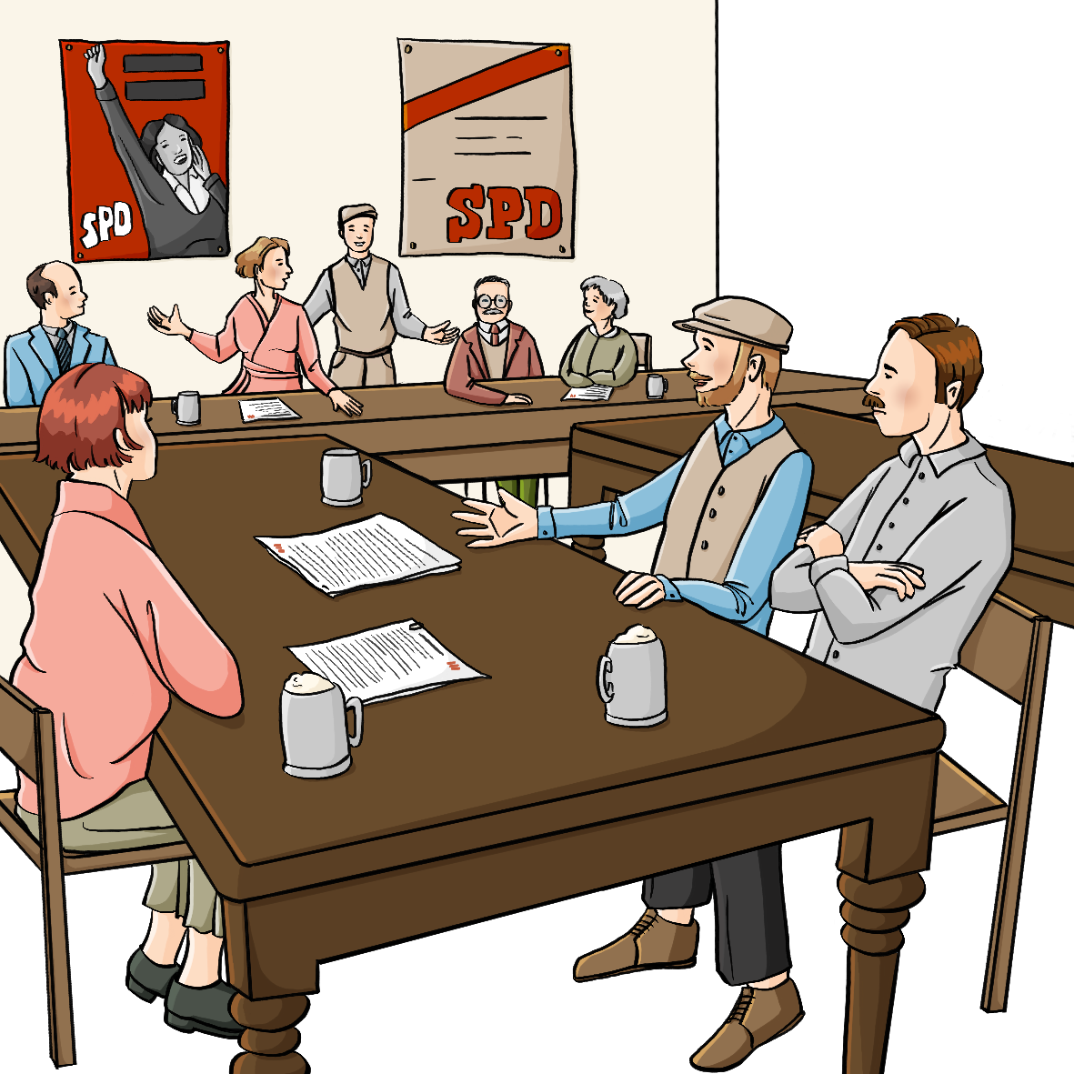 Männer und Frauen in Kleidung der 30er Jahre sitzen an Holztischen. Im Hintergrund hängen SPD-Plakate aus der 30er Jahren. Auf den Tischen stehen Bierkrüge.