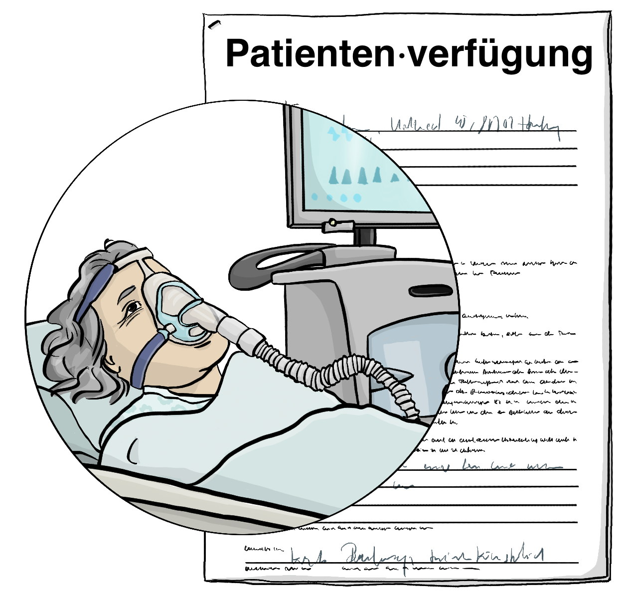 Eine ältere Frau in einem Krankenhausbett. Sie trägt einen Sauerstoffmaske. Dahinter ist ein Formular mit der Aufschrift: Patientenverfügung.