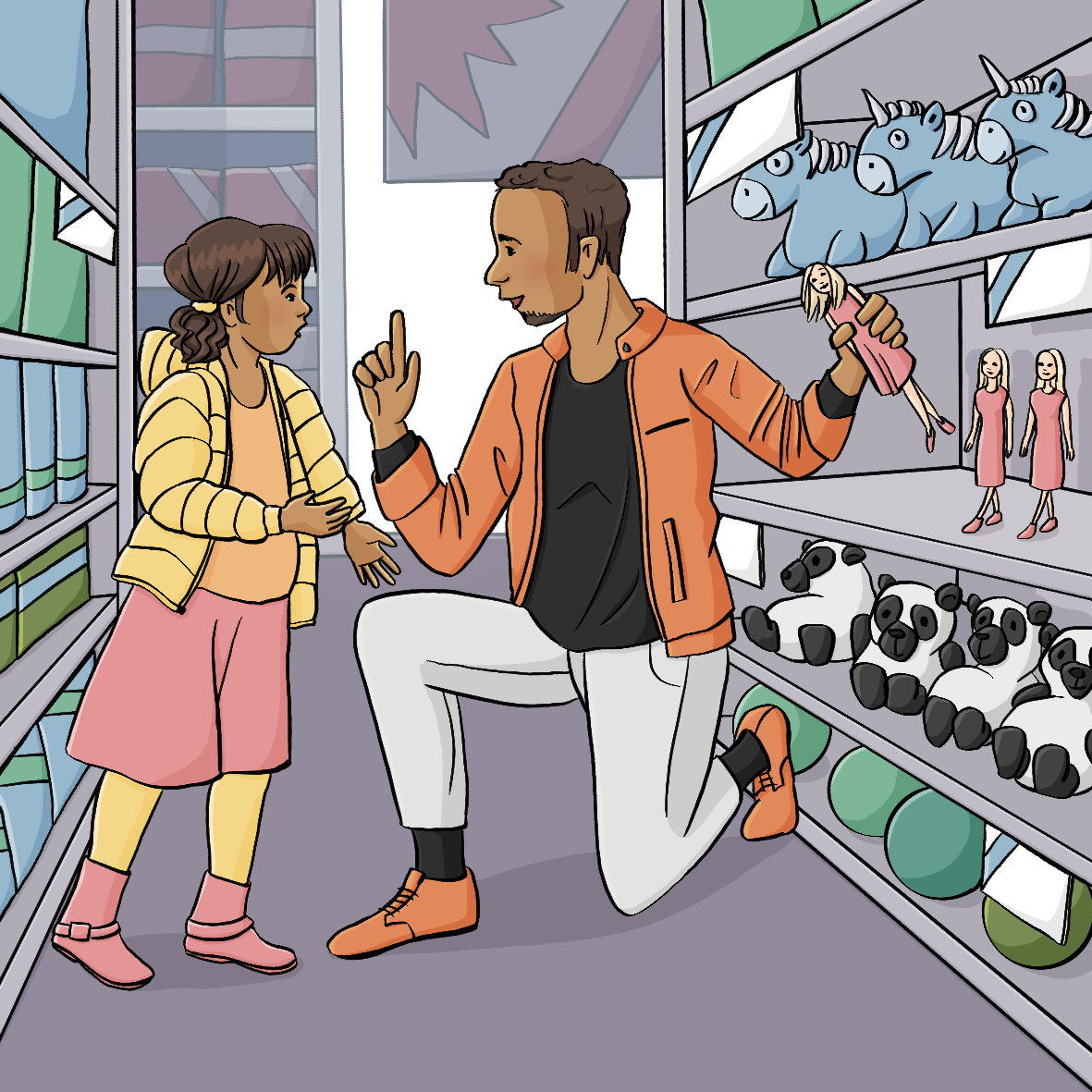 Ein Mädchen steht vor einem Spielzeugregal. Vor ihm kniet ein Mann mit erhobenem Zeigefinger. Er hält eine Barbiepuppe in der Hand. Er hält die Puppe zu anderen Barbiepuppen im Regal.