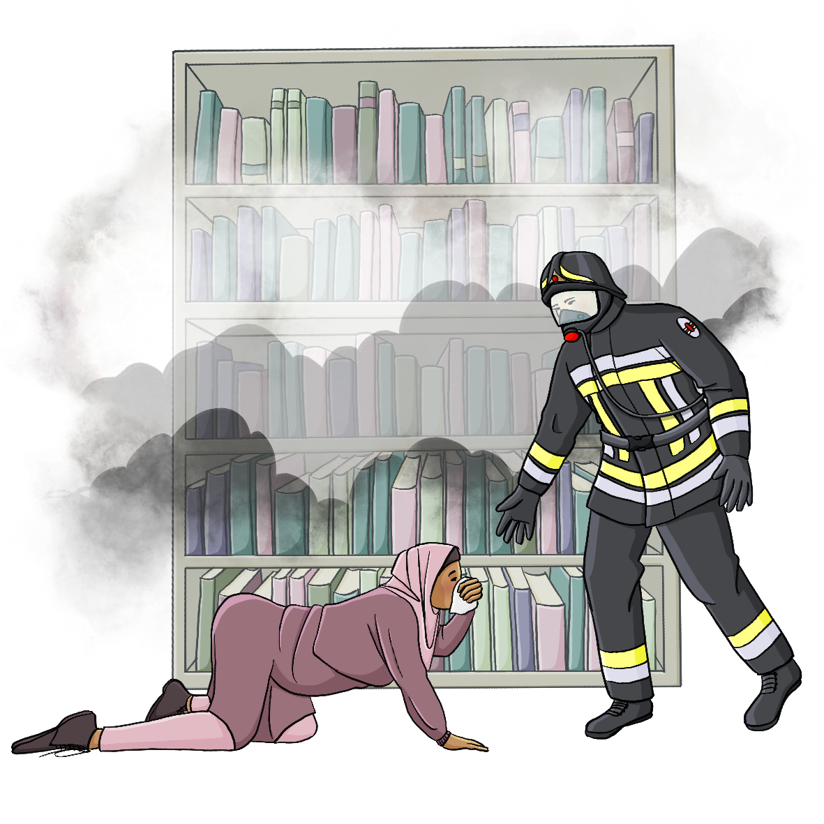 Eine Frau krabbelt über den Boden und hält sich ein Tuch vor den Mund. Ein Feuerwehrmann mit Atemschutzmaske streckt ihr die Hand entgegen. Im Hintergrund sind Bücherregale und dichter Rauch.