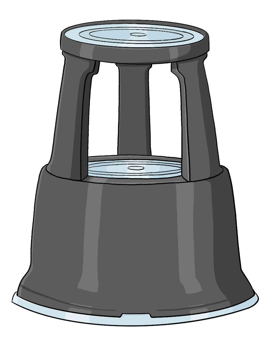 Ein runder Hocker mit Rollen.