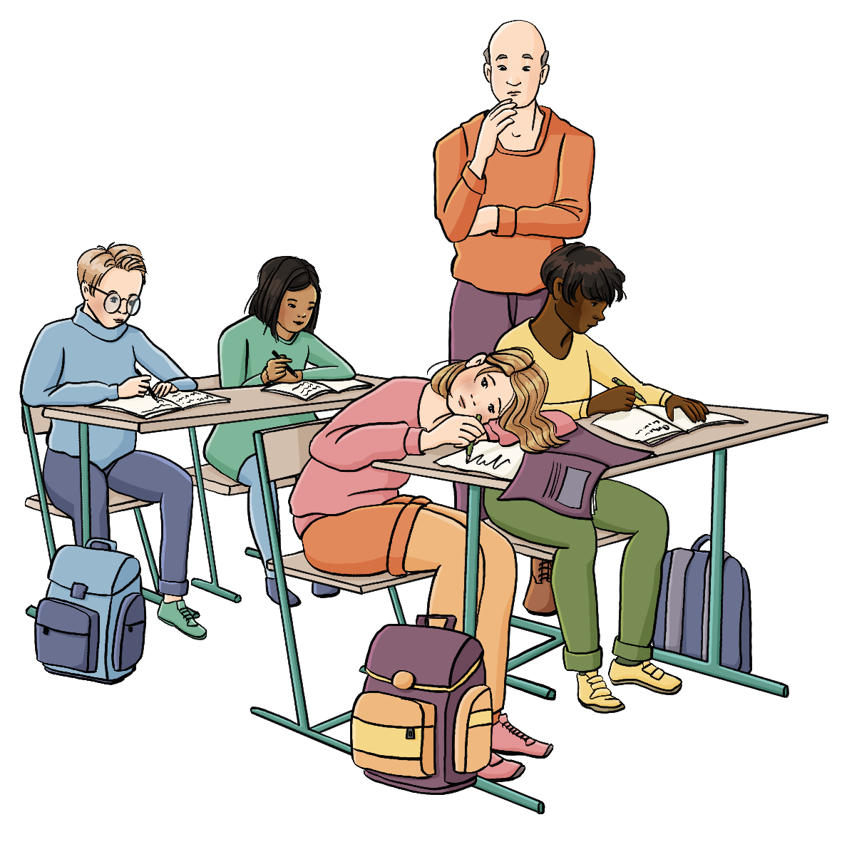Jungen und Mädchen sitzen an Schultischen und schreiben in Hefte. Am vordersten Tisch hat ein Mädchen den Kopf auf den Tisch gelegt und starrt vor sich hin. Ein Mann steht neben dem Tisch und betrachtet das Mädchen nachdenklich.