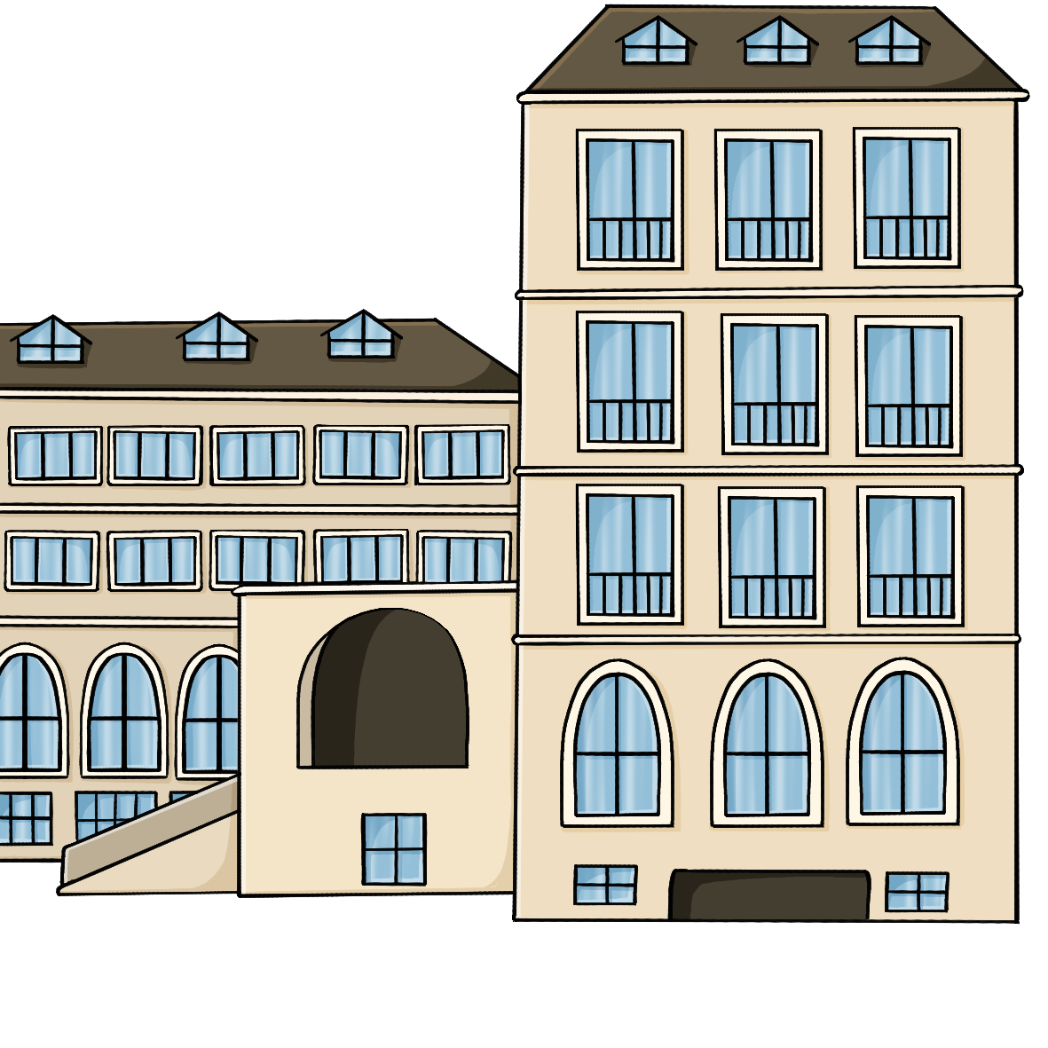 Ein großes Gebäude mit vielen Fenstern.