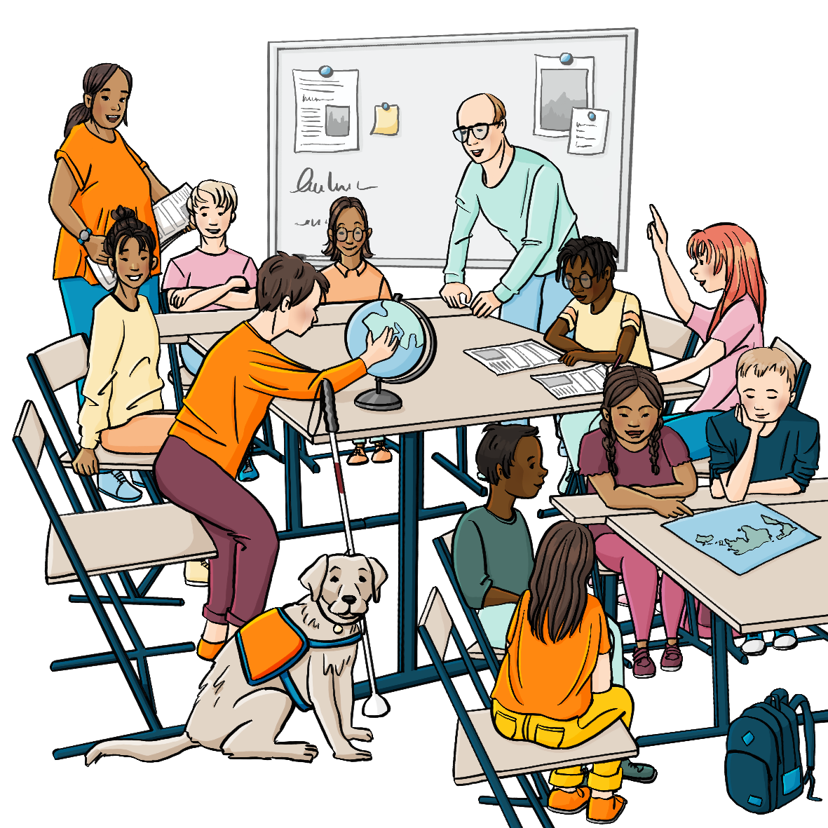 Jungen und Mädchen in einem Klassenzimmer. Sie sitzen an Tischgruppen. Eine Lehrerin verteilt Arbeitsblätter, ein Lehrer stützt sich auf einen Tisch. Ein Junge betastet einen Globus. Neben ihm sitzt ein Assistenzhund. Ein Blindenstock lehnt an seinem Stuhl. An einem anderen Tisch betrachten die Kinder eine Landkarte. Ein Mädchen hat das Downsyndrom.