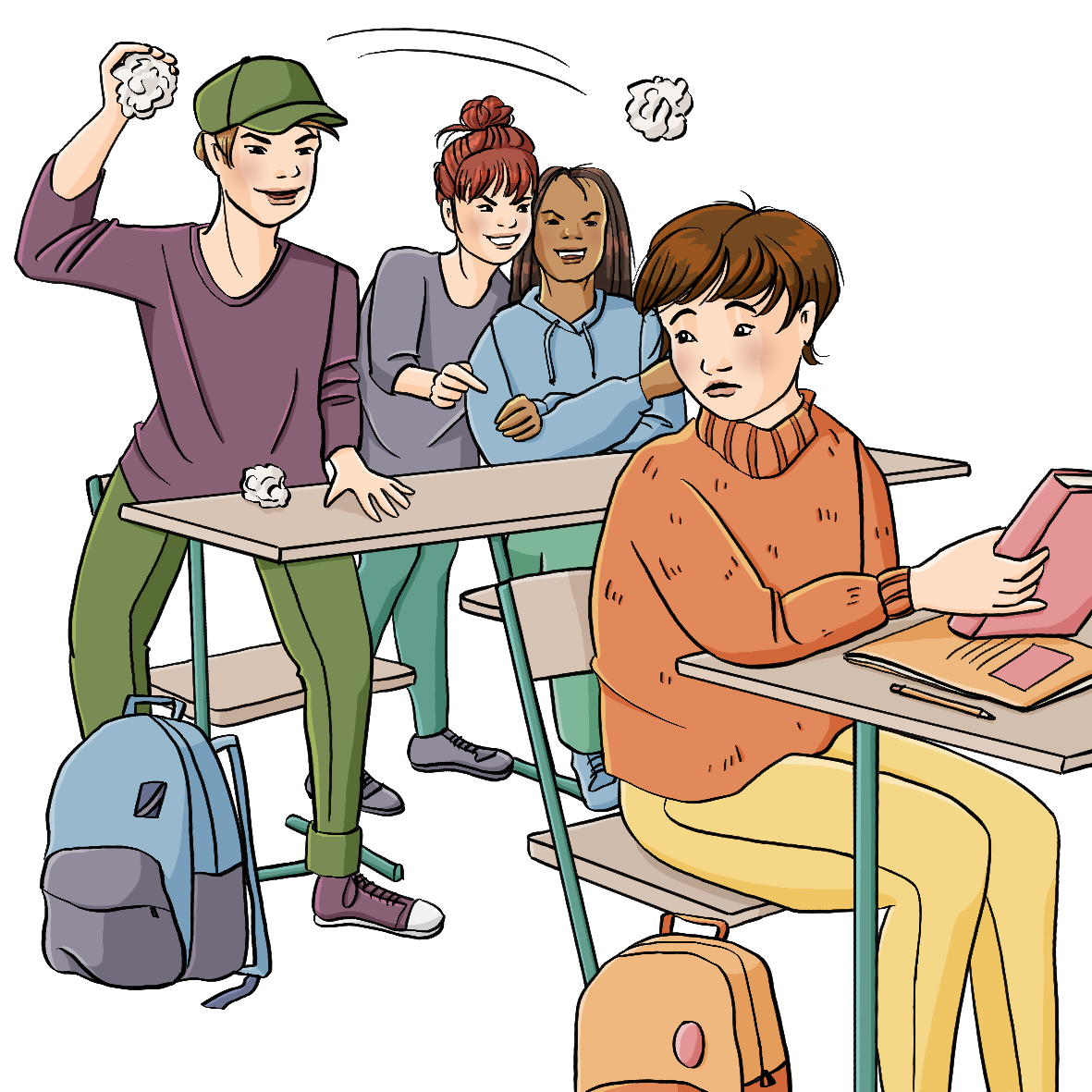 Ein Kind sitz an einem Schultisch und schaut unglücklich über die Schulter. An einem Tisch dahinter sitzen ein Junge und zwei Mädchen. Die Mädchen flüstern miteinander und zeigen auf das vordere Kind. Der Junge wirft Papierkugeln auf das Kind.