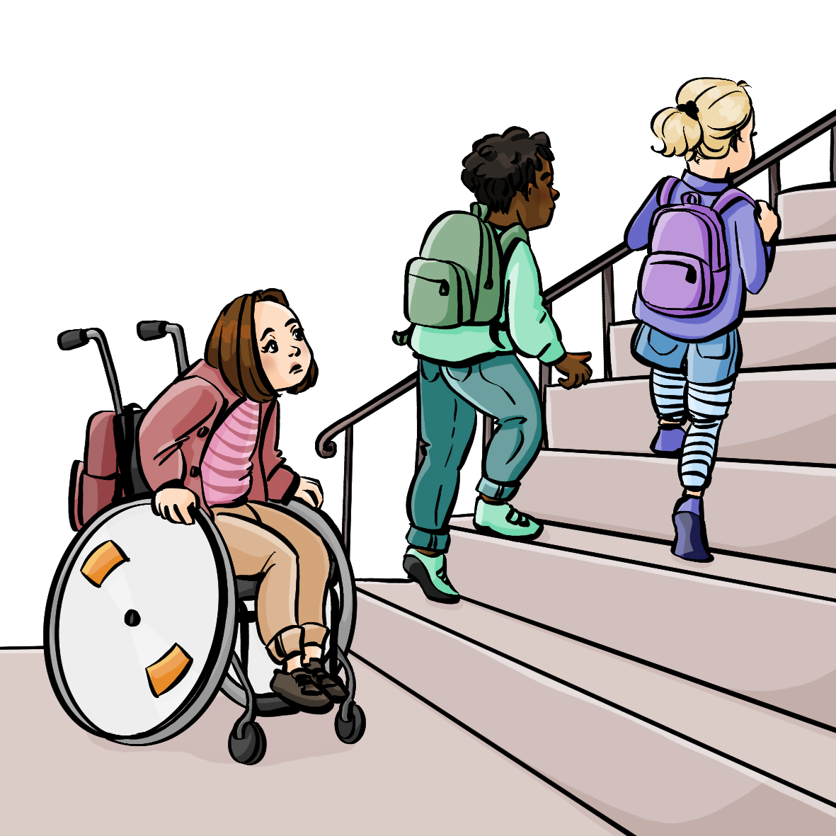 Zwei Kinder mit Schultaschen gehen eine Treppe hoch. Unten vor der Treppe steht ein Mädchen im Rollstuhl und schaut unglücklich.