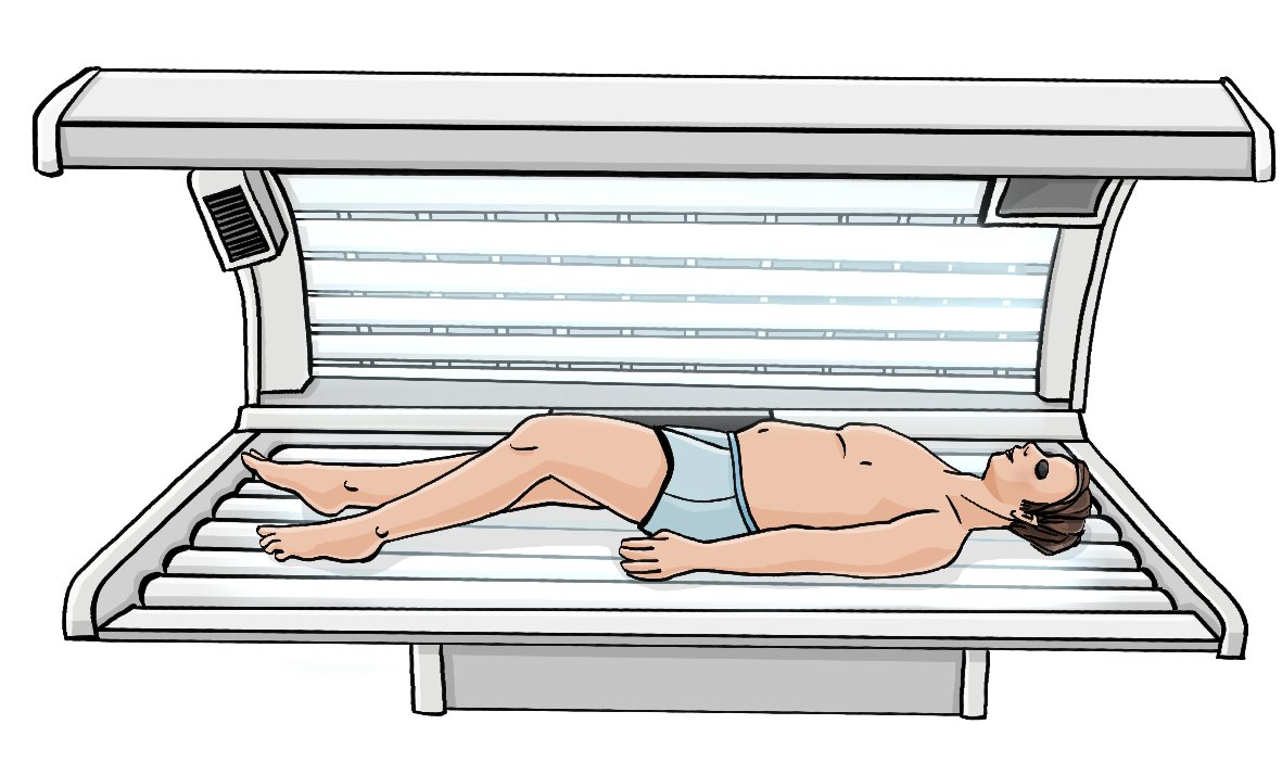 Ein Mann liegt in einer Sonnenbank. Er trägt eine Unterhose und eine Schutzbrille.