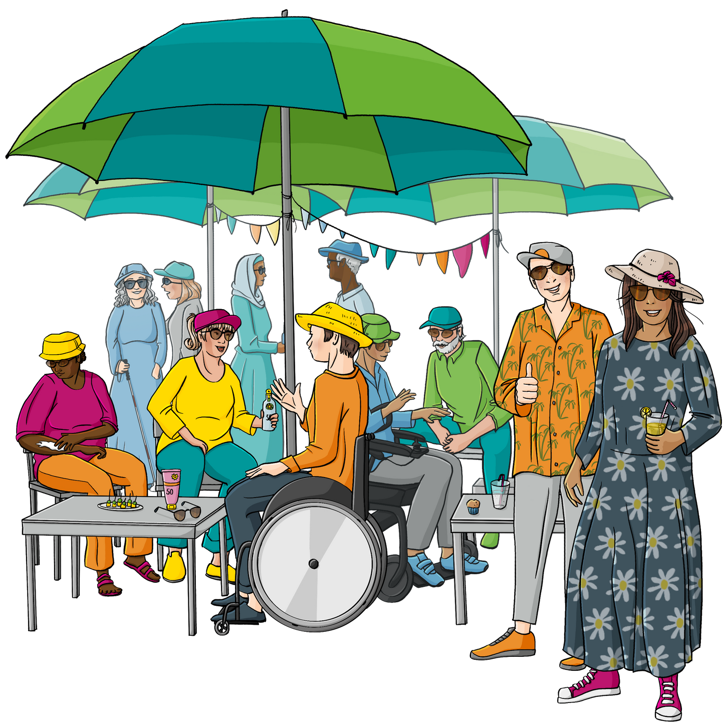 Eine Gruppe Menschen unter Sonnenschirmen. Einige stehen, einige sitzen an Tischen. Alle tragen lockere lange Kleidung und eine Kopfbedeckung, teilweise Sonnenbrillen. Am vorderen Tisch cremen sich die Menschen gerade mit Sonnencreme ein. Im Vordergrund stehen ein Mann und eine Frau. Der Mann streckt den Daumen nach oben, die Frau hält ein Getränk in der Hand. Auch sie tragen lange lockere Kleidung, Kopfbedeckung und Sonnenbrille.