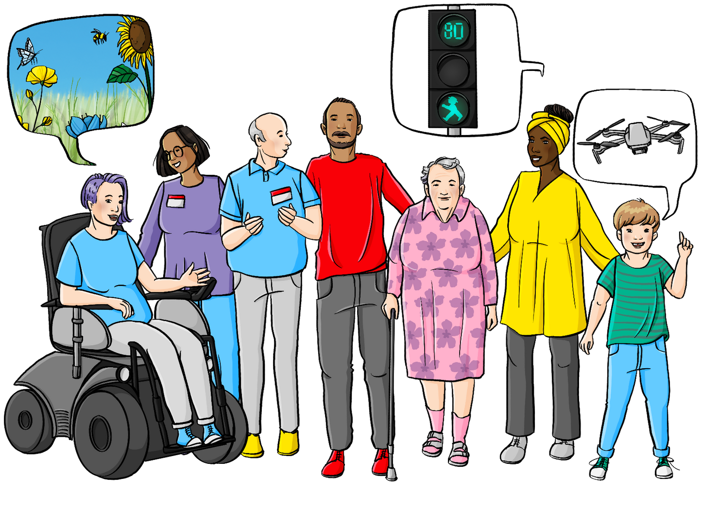 Eine Gruppe Menschen mit Sprechblasen. In den Sprechblasen sind eine Blumenwiese, eine Fußgängerampel mit Sekundenzähler und eine Drohne.