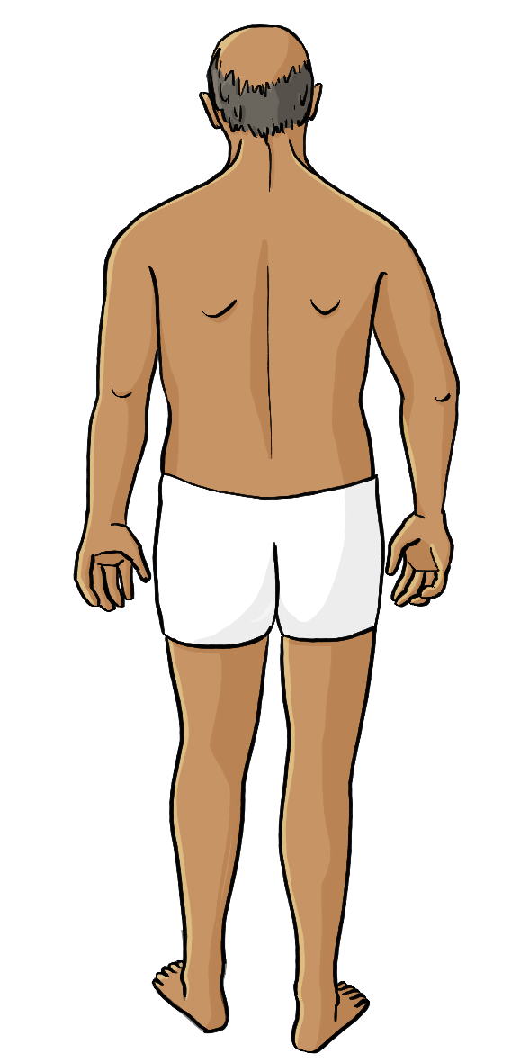 Eine Mann von hinten. Er trägt nur eine Unterhose.