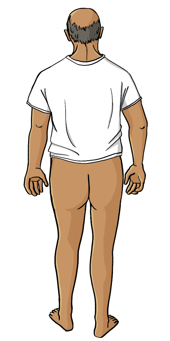 Eine Rückenansicht von einem Mann. Er trägt ein T-Shirt, ansonsten ist er nackt.