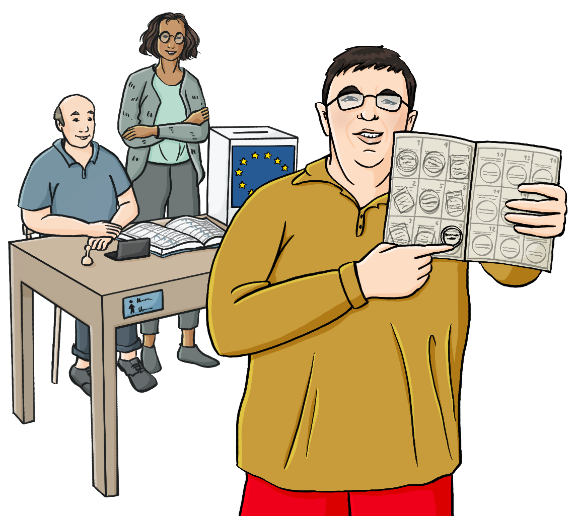 Ein Mann hält ein aufgeschlagenes Heftchen hoch und zeigt auf eine Seite. Auf der Seite sind gestempelte Kästchen. Im Hintergrund sind ein Mann und eine Frau hinter einem Tisch. Auf dem Tisch sind ein großes aufgeschlagenes Buch, eine weiße Kiste mit der Europaflagge und ein Stempelkissen mit Stempel.