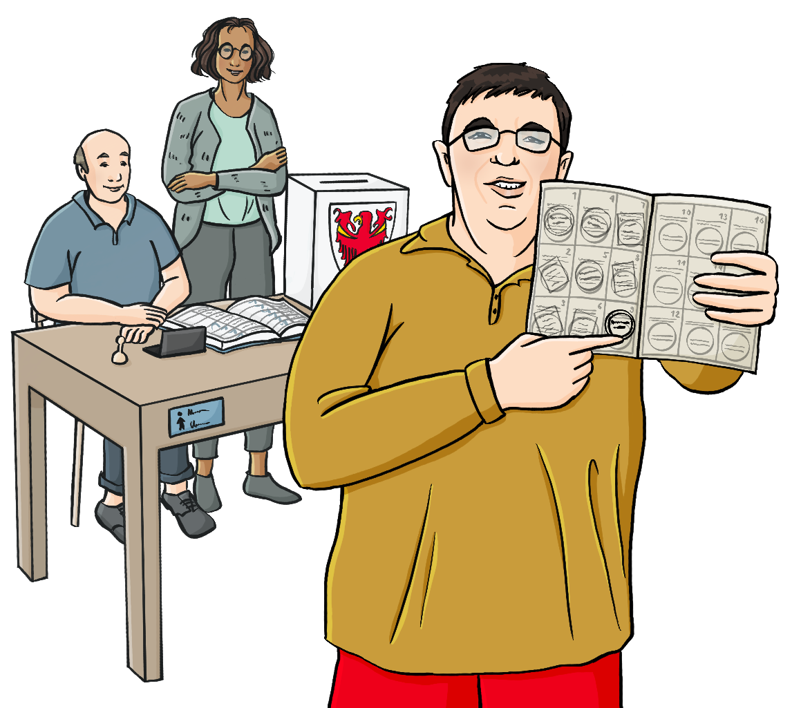 Ein Mann hält ein Aufgeschlagenes Heftchen hoch und zeigt auf eine Seite. Auf der Seite sind gestempelte Kästchen. Im Hintergrund sind ein Mann und eine Frau hinter einem Tisch. Auf dem Tisch sind ein großes aufgeschlagenes Buch, eine weiße Kiste mit einem roten Adler und ein Stempelkissen mit Stempel.