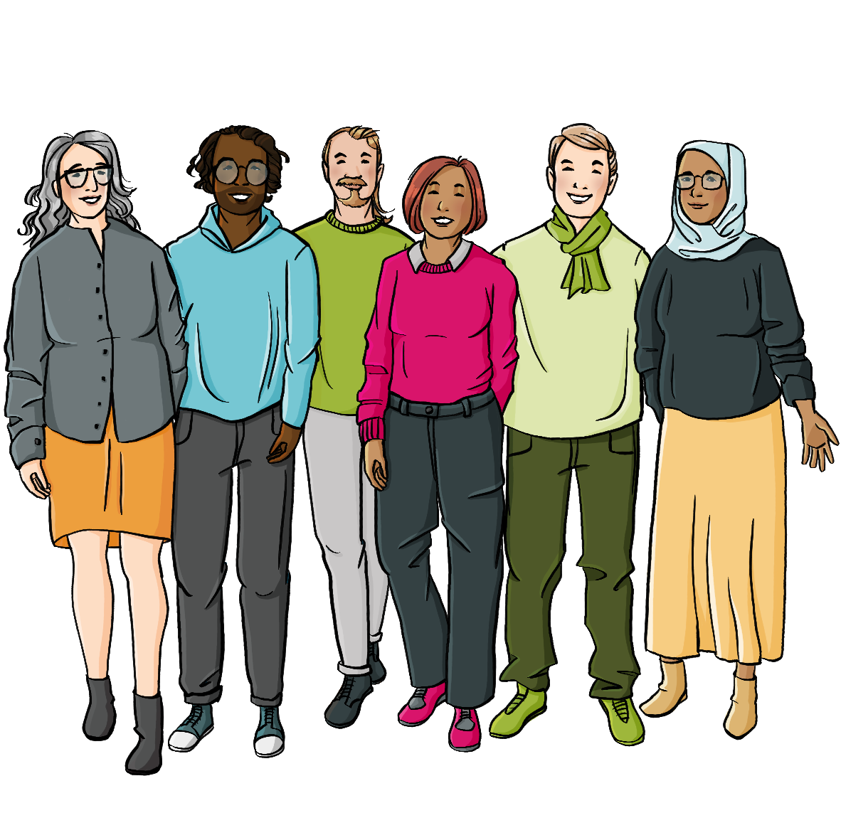 Eine Gruppe von 6 Männern und Frauen mit freundlichen Gesichtern und offener Körperhaltung.