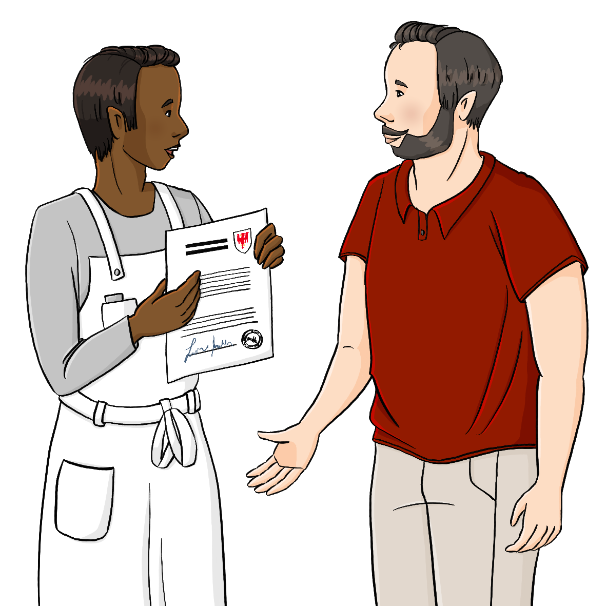 Ein Mann in einer weißen Schürze zeigt einem anderen Mann einen beschrifteten Zettel.