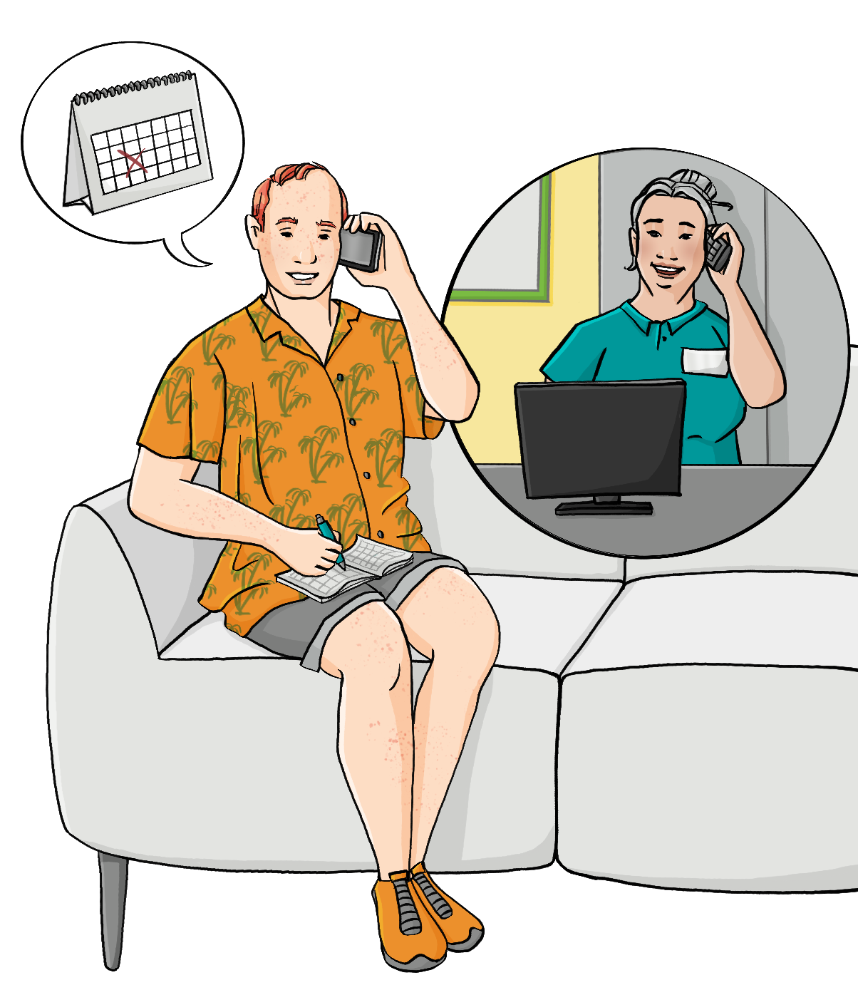 Ein Mann sitzt auf dem Sofa und telefoniert. Neben ihm ist eine Sprechblase mit einem Kalender. Im Kalender ist ein Termin angekreuzt. Über dem Sofa ist ein Kreis mit einer anderen Frau. Sie trägt einen Arzthelferkittel und telefoniert.