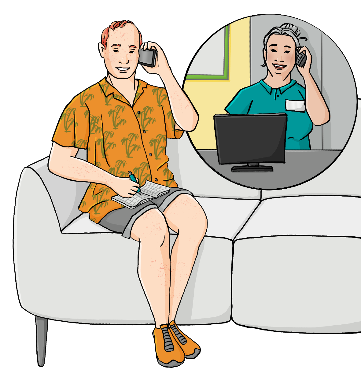 Ein Mann sitzt auf dem Sofa und telefoniert. Über dem Sofa ist ein Kreis mit einer anderen Frau. Sie trägt einen Arzthelferkittel und telefoniert.