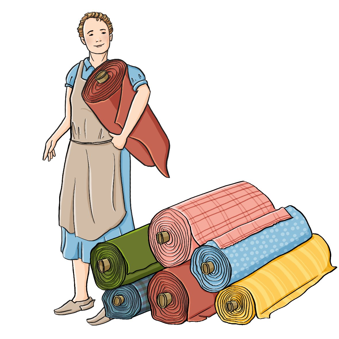 Eine Frau in Arbeitsschürze steht neben einem Stapel Stoffrollen. Sie hält eine Rolle Stoff unterm Arm.