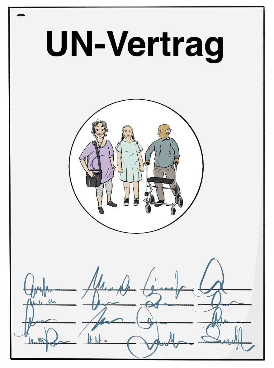 Ein Dokument mit der Überschrift: UN-Vertrag. Auf dem Dokument ist ein Bild von einer Frau mit einem tragbaren Sauerstoffgerät, einer Frau mit Downsyndrom und einem Mann mit Rollator. Unten auf dem Dokument sind Unterschriften.