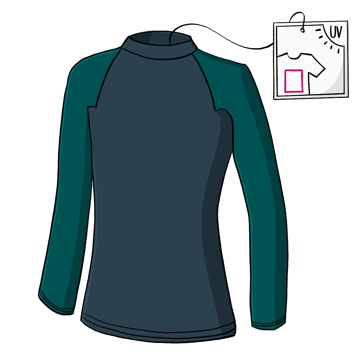 Ein enges Oberteil mit einem Schild. Auf dem Schild ist eine Sonne, ein Stark vereinfachtes T-Shirt und die Aufschrift: UV