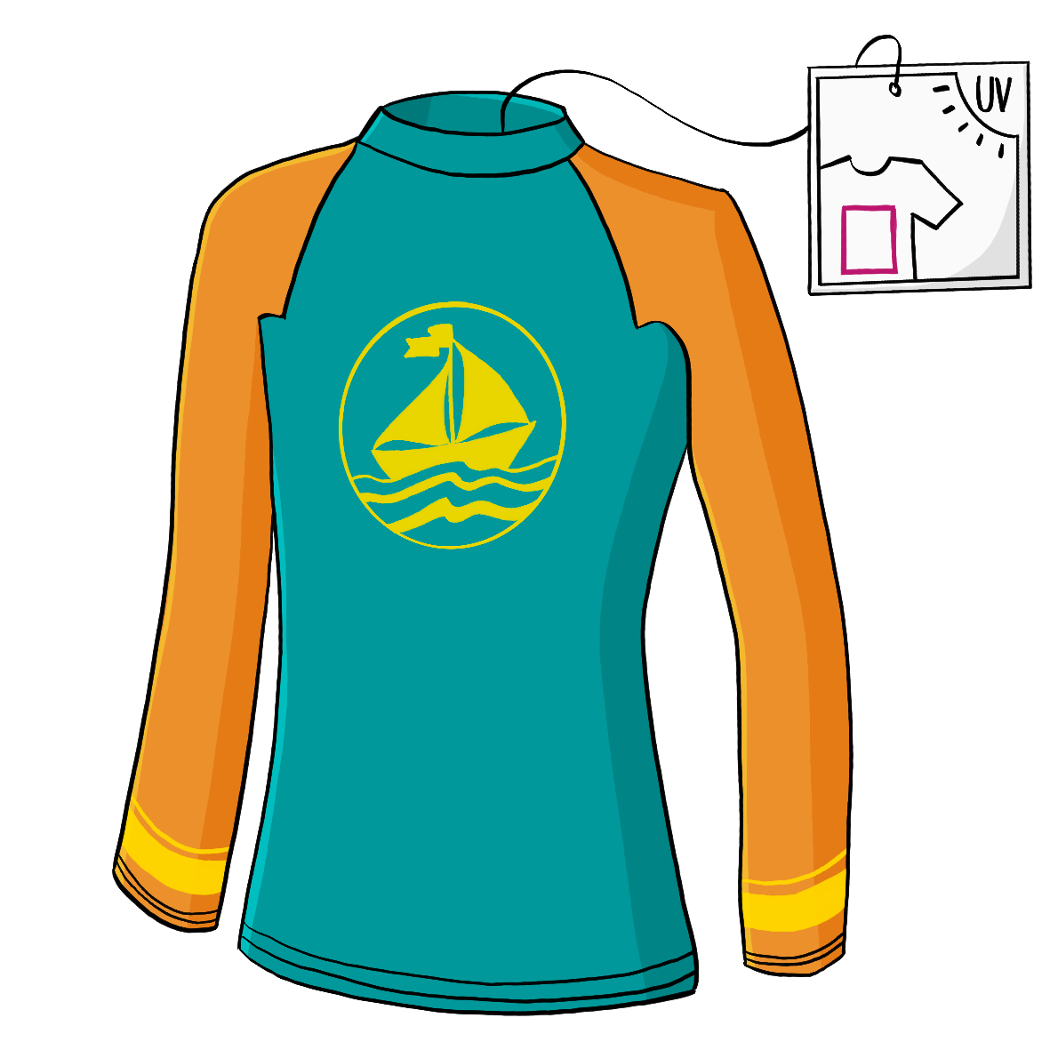 Ein enges Oberteil mit dem Bild eines Segelbotes. An dem Oberteil hängt ein Schild. Darauf ist eine Sonne, ein Stark vereinfachtes T-Shirt und die Aufschrift: UV