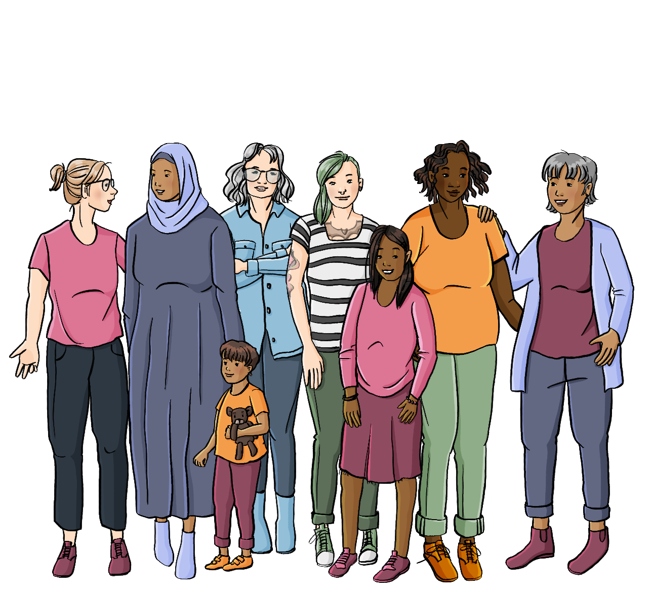 Eine Gruppe Frauen. Es sind ältere und jüngere Frauen, schwarze und weiße Frauen. Eine Frau trägt ein Kopftuch und hält einen kleinen jungen an der Hand. Die Frauen schauen sich teilweise gegenseitig an. Alle lächeln freundlich.