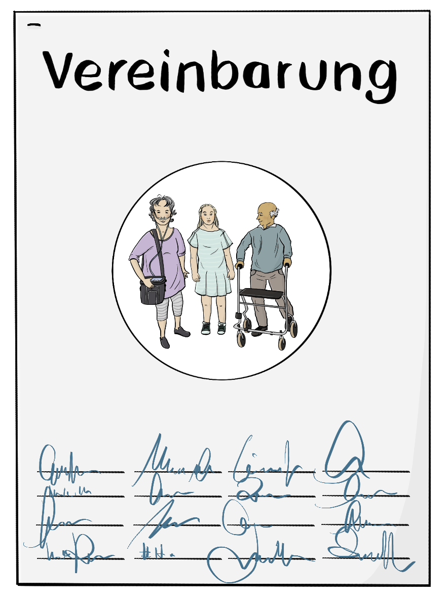 Ein Dokument mit der Überschrift: Vereinbarung. Auf dem Dokument ist ein Bild von einer Frau mit einem tragbaren Sauerstoffgerät, einer Frau mit Downsyndrom und einem Mann mit Rollator. Unten auf dem Dokument sind Unterschriften. 