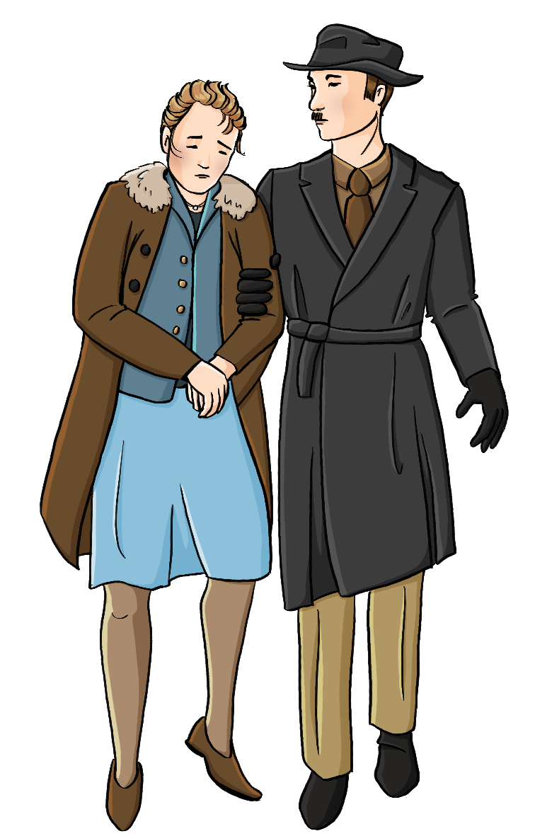 Ein Mann mit Hut und dunklem Mantel fasst eine Frau am Oberarm. Sie hält die Hände überkreuzt und schaut traurig.