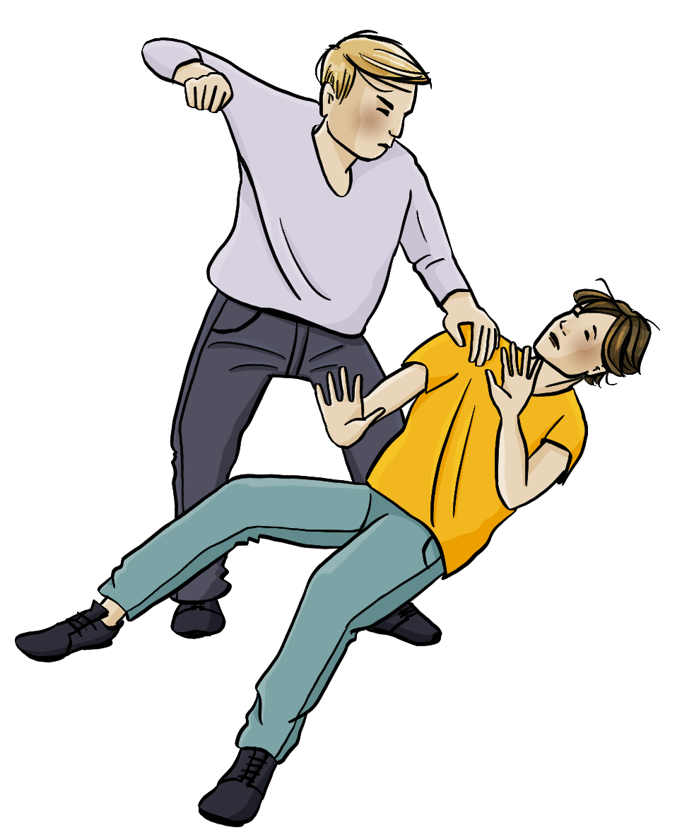 Ein Mann hält einen anderen Mann am Kragen, er hat die Faust erhoben. Der andere Mann hält abwehrend die Hand nach vorn.
