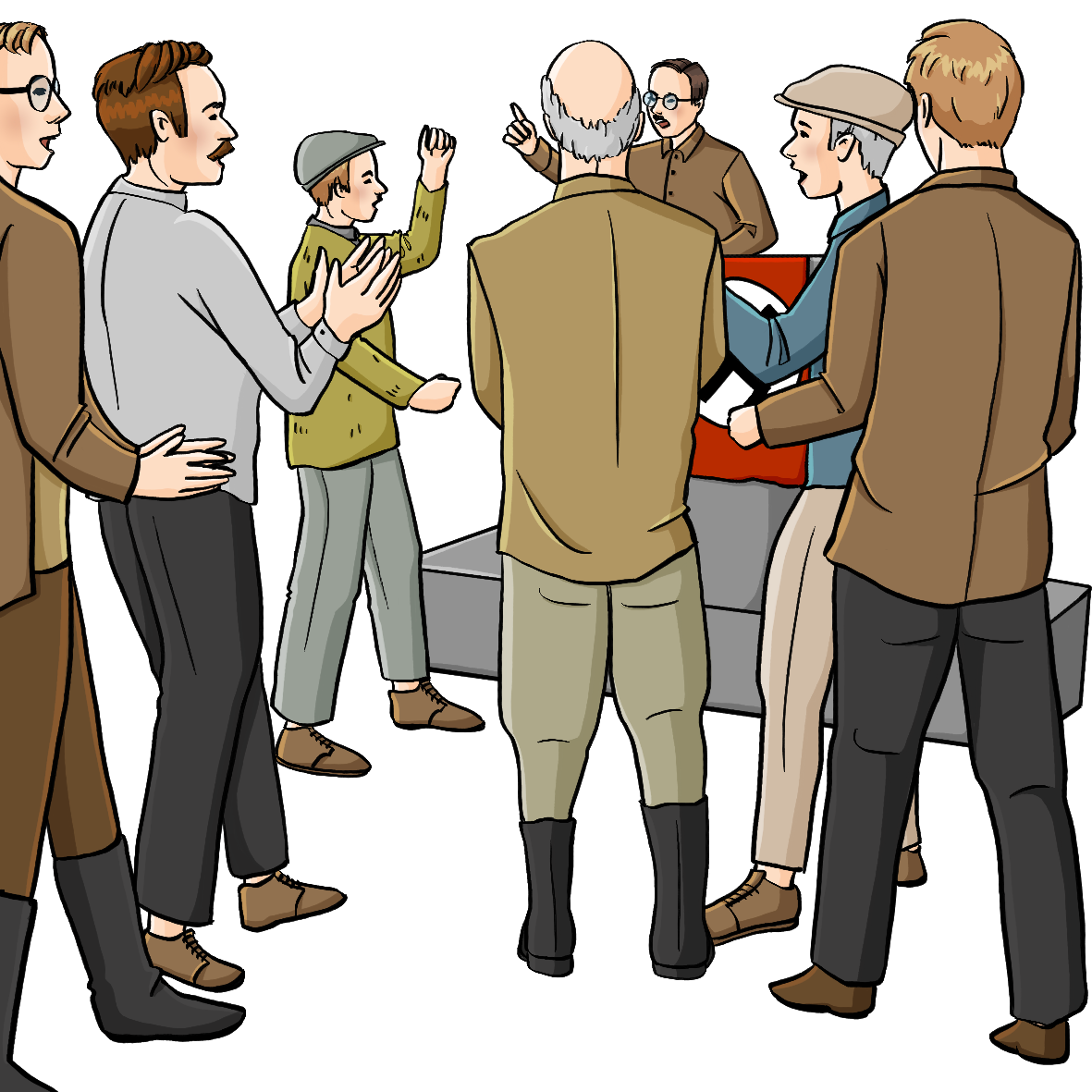 Ein Mann steht hinter einem Stehpult, redet und gestikuliert. Andere Männer jubeln ihm zu. Auf dem Stehpult ist verdeckt das Zeichen der Nationalsozialisten. Alle tragen Kleidung der 30er Jahre.