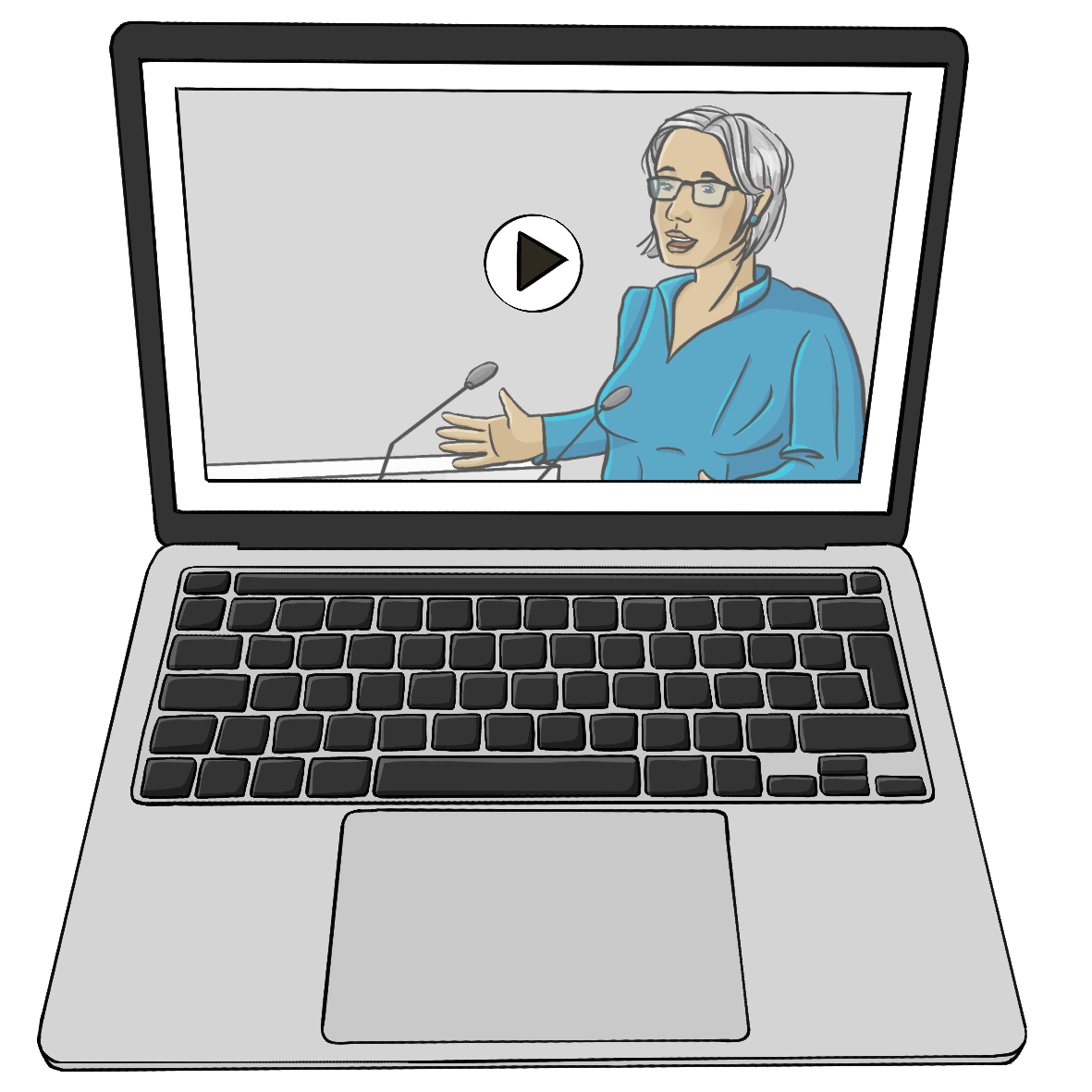 Ein Laptop mit einem Play-Zeichen auf dem Bildschirm. Auf dem Bildschirm spricht eine Frau in ein Mikrofon.