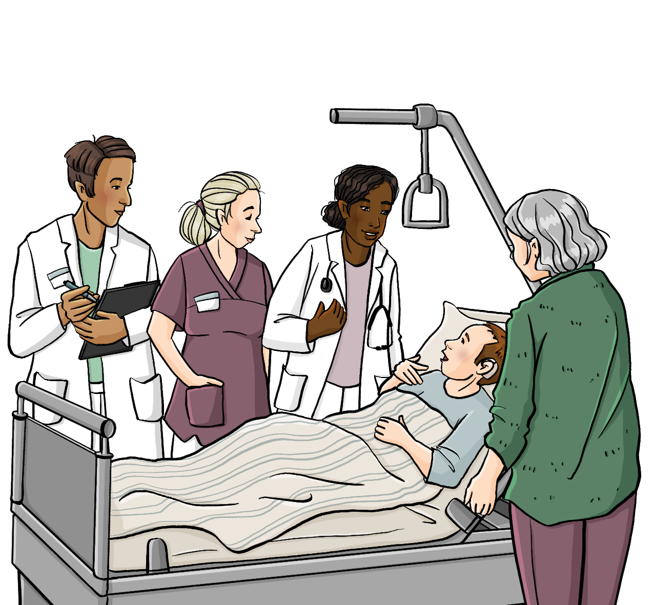 Ein Mann in einem Krankenhausbett. Neben dem Bett stehen eine Ärztin, ein Arzt und eine Krankenschwester. Die Ärztin redet mit dem Mann. Auf der anderen Seit vom Bett steht eine Frau.