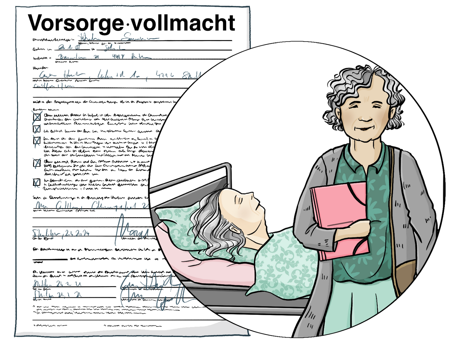 Eine ältere Frau in einem Krankenhausbett. Eine andere Frau mit einer Mappe unter dem Arm steht neben dem Bett. Dahinter ist ein Formular mit der Aufschrift: Vorsorgevollmacht.