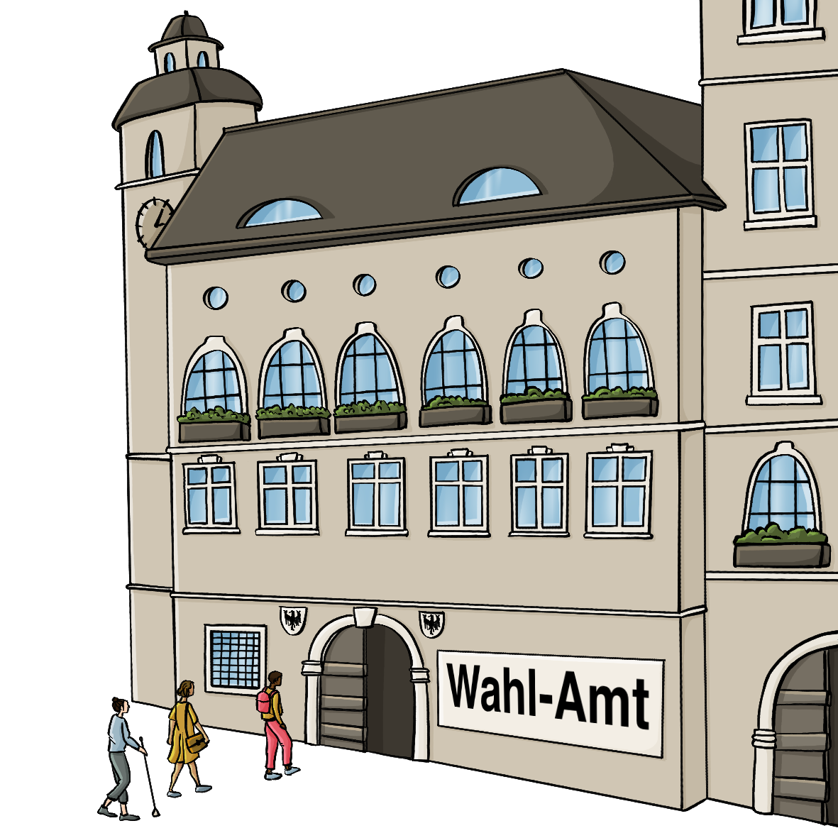 Menschen gehen in ein Gebäude mit vielen Fenstern und Türmen an der Seite. Am Gebäude hängt ein großes Schild mit der Aufschrift: Wahl-Amt.