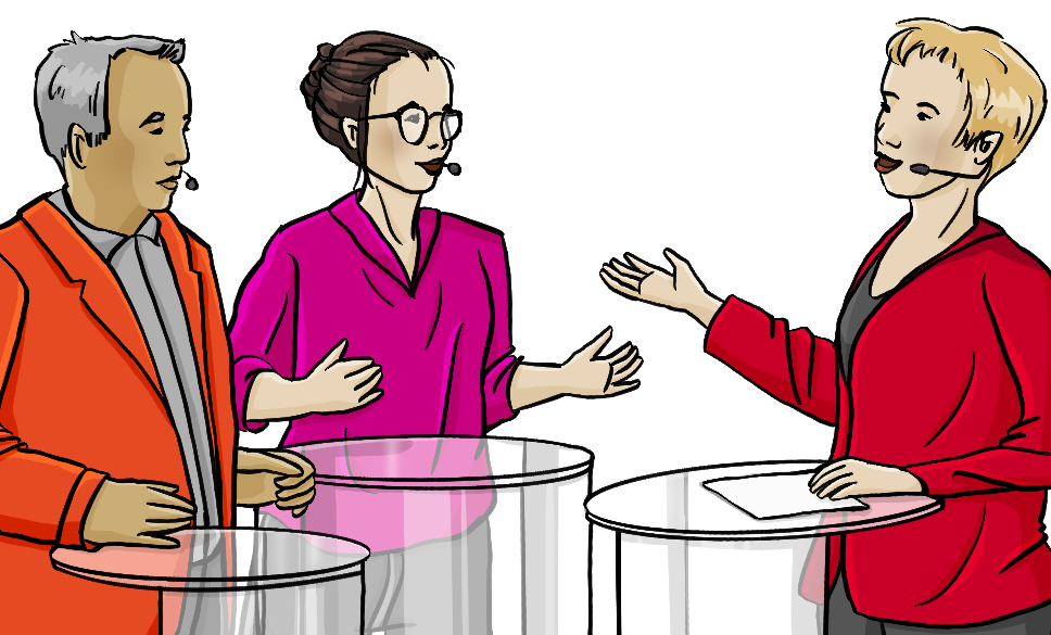 Zwei Frauen und ein Mann in förmlicher Kleidung stehen an Stehpulten.