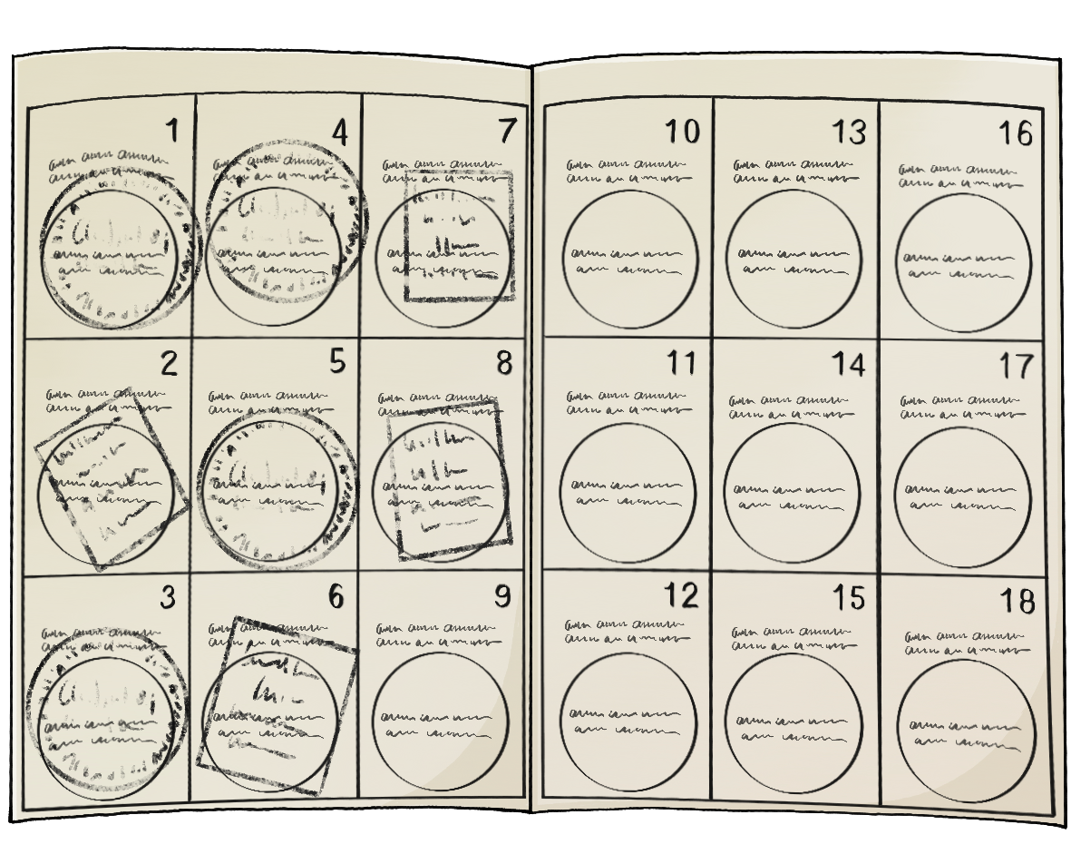 Ein aufgeschlagenes Heftchen. Auf den Seiten sind jeweils 9 Kästchen. Die Kästchen sind von 1-18 nummeriert. Die ersten 6 Kästchen sind abgestempelt.