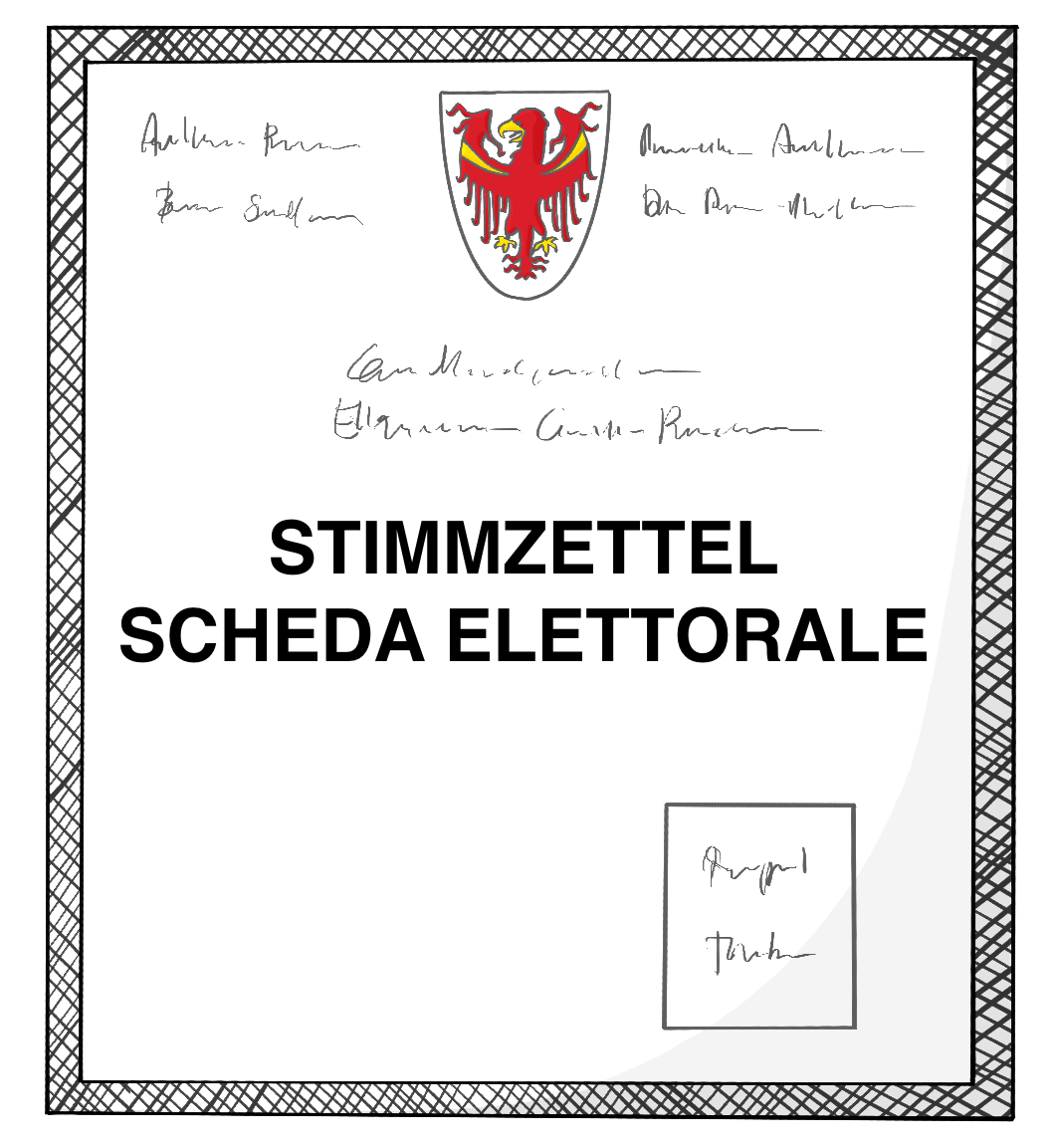Ein Rechteckiger Zettel mit der Aufschrift: Stimmzettel Scheda Elettorale. Oben auf dem Zettel ist ein Wappen mit einem roten Adler.