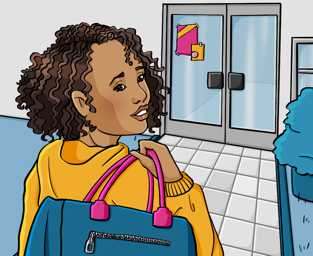 Eine Jugendliche mit einer Reisetasche geht auf ein Gebäude mit einer Glastür zu. Sie schaut über die Schulter zurück und lächelt.