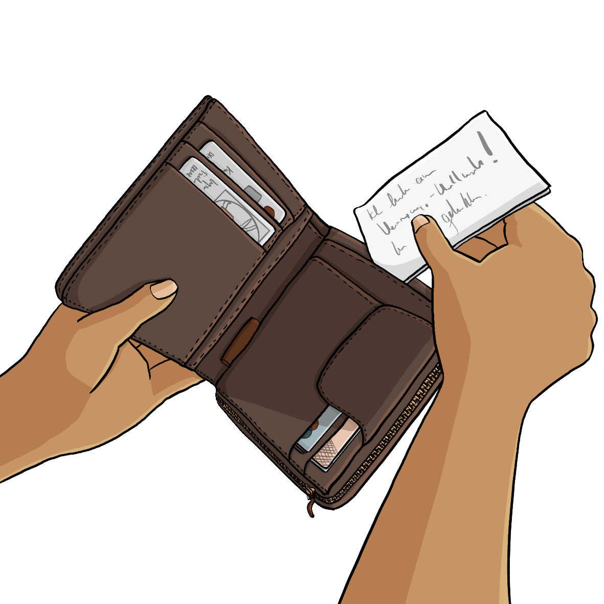 Eine Hand steckt einen Zettel in ein Portemonnaie.