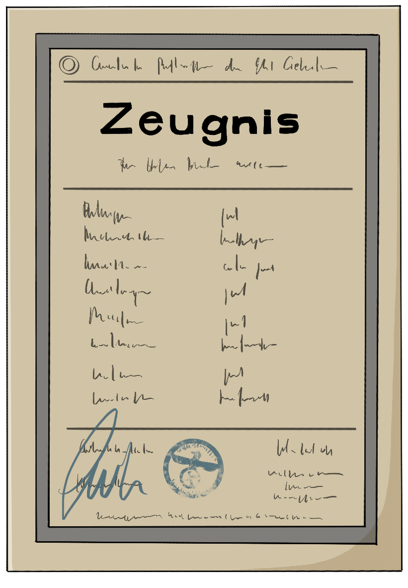 Eine bräunliches Dokument mit Stempel, Unterschrift und der Aufschrift: Zeugnis. Die Aufschrift ist in altmodischer Schrift.