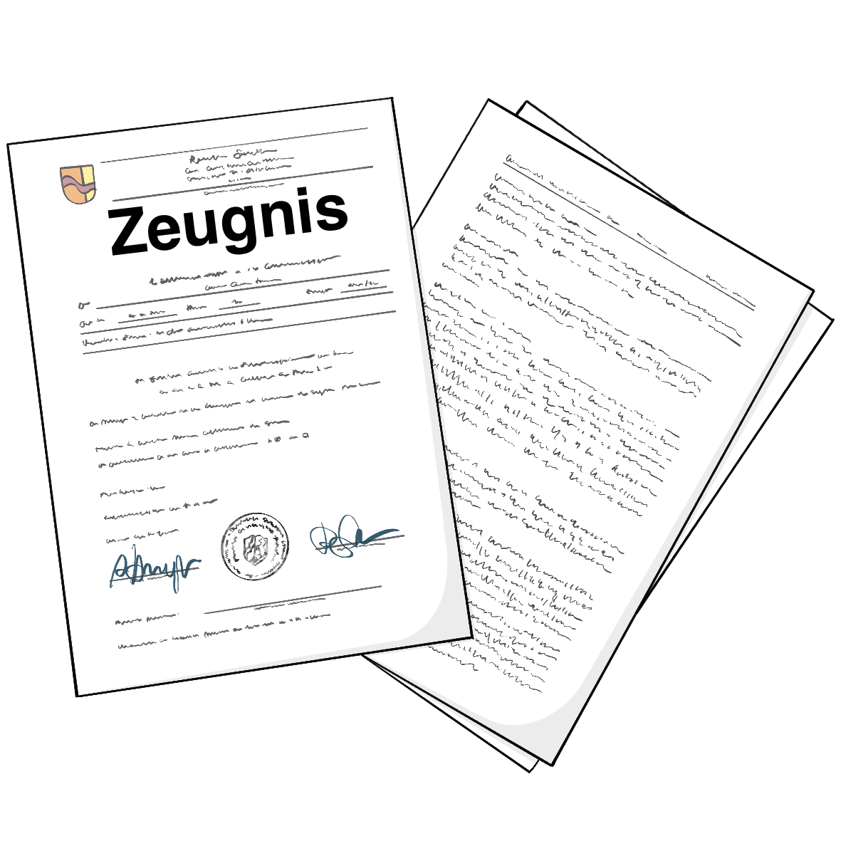 3 Blätter Papier liegen lose aufeinander. Auf dem obersten Blatt steht: Zeugnis. Auf den anderen Blättern ist unlesbarer Text.