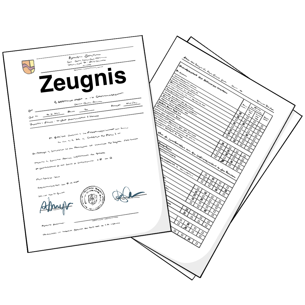 3 Blätter Papier liegen lose aufeinander. Auf dem obersten Blatt steht: Zeugnis. Auf den anderen Blättern sind Spalten mit Text. Am rechten Ende von jeder Spalte sind Kästchen. In jeder Spalte ist ein Kästchen angekreuzt.