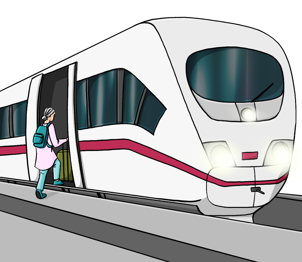 Eine Frau steigt in einen Zug.