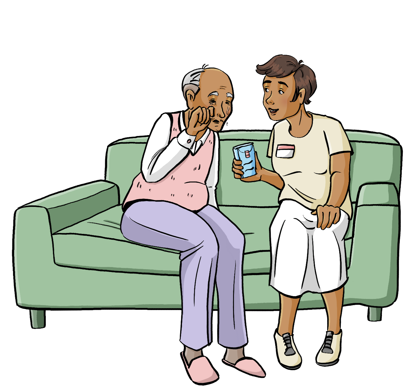Ein älterer Mann und eine Frau sitzen auf einem Sofa. Der mann weint, die Frau gibt ihm Taschentücher.