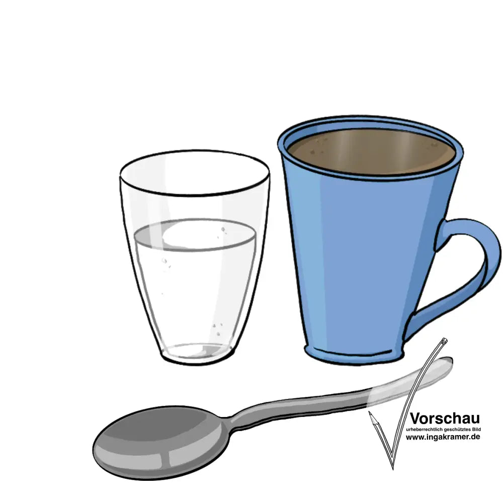 Ein Glas Wasser, eine Tasse mit dunklem Kaffee und ein Löffel.