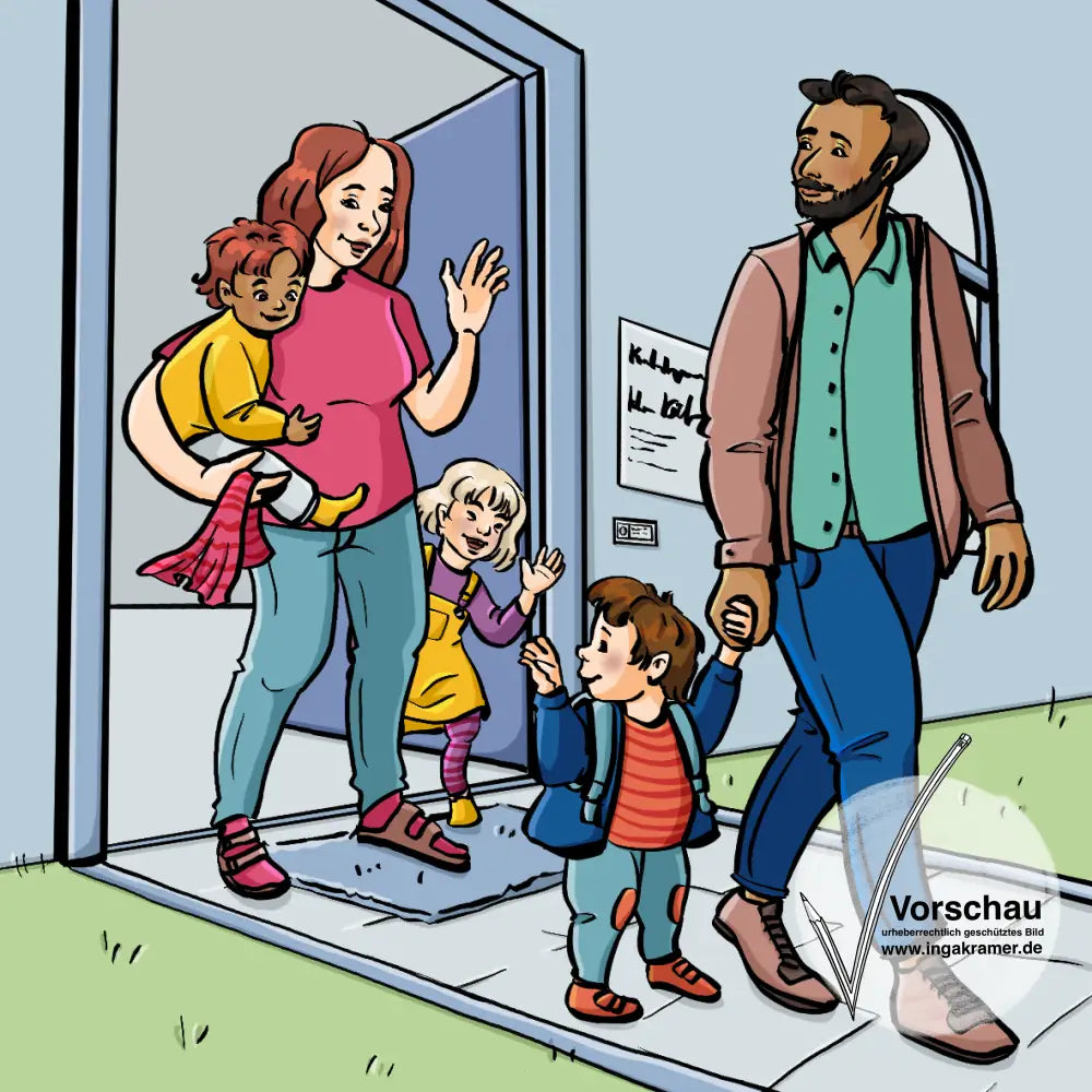 Ein Mann und ein Kind gehen Hand in Hand, sie schauen zurück und winken einer Frau. Die Frau hat ein Kind auf dem Arm und winkt. Neben ihr steht ein weiteres kleines Kind und winkt.