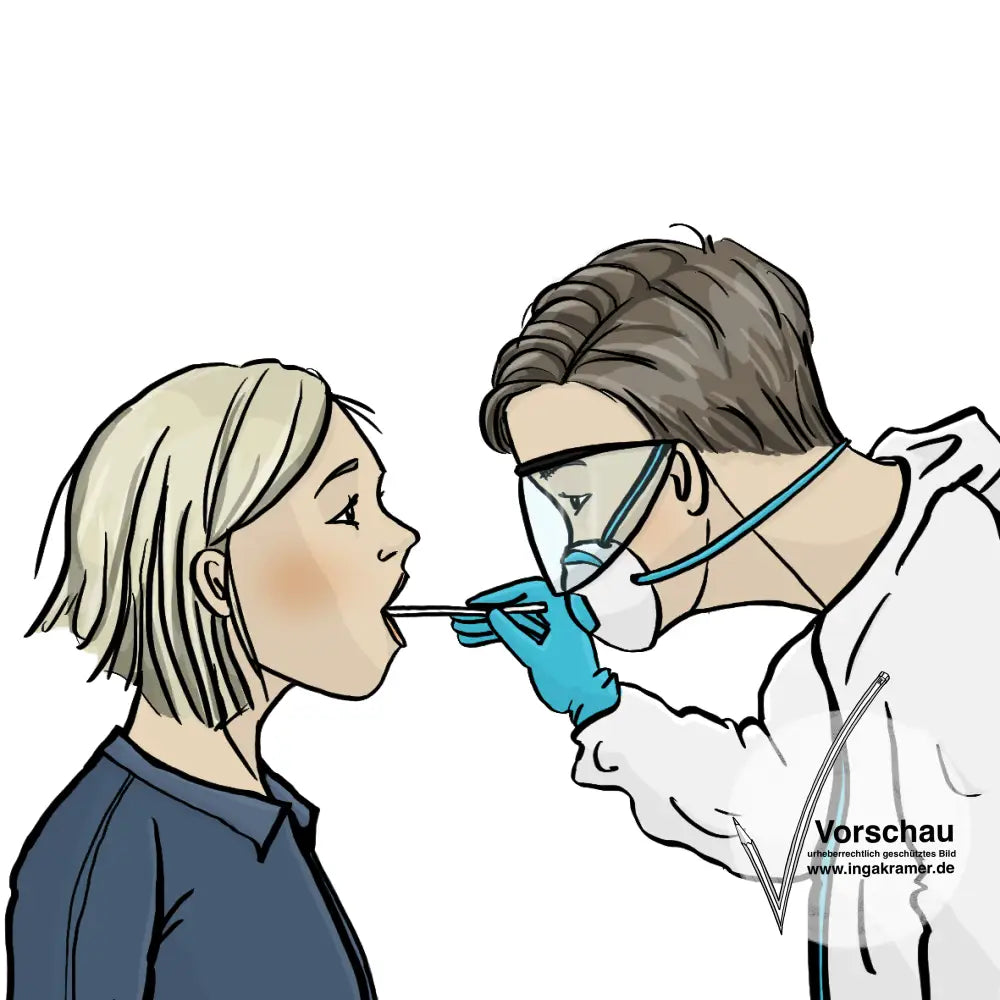Ein Arzt macht macht einen Rachenabstrich bei einer Frau. Der Arzt trägt Schutzkleidung.