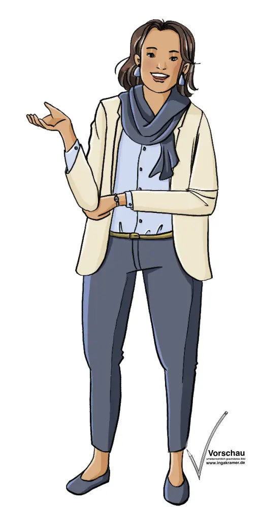 Eine Frau in sportlich-eleganter Kleidung. Sie schaut freundlich und spricht.