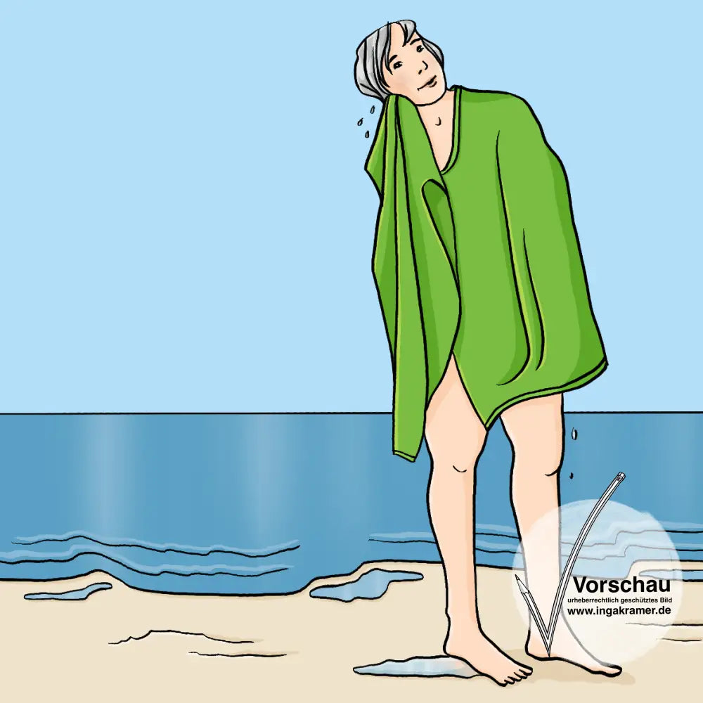 Eine Frau ist in ein Handtuch gewickelt. Aus ihren Haaren fallen Wassertropfen. Im Hintergrund ist das Meer.